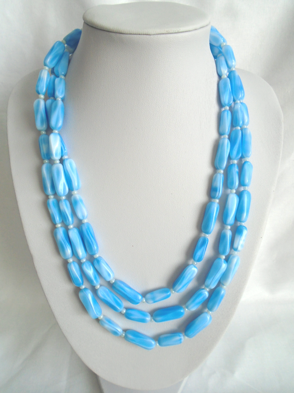Vintage Lovely 1950's Blue Glass Triple Necklace.