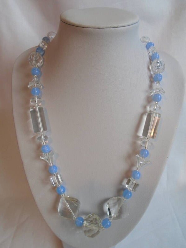 Vintage Style Clear Cut Crystal Glass/Cornflower Blue Glass Beaded Necklace.