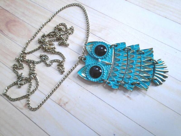 This Stunning Blue Articulated Owl With Black Glass Eyes On A 32"  Chain