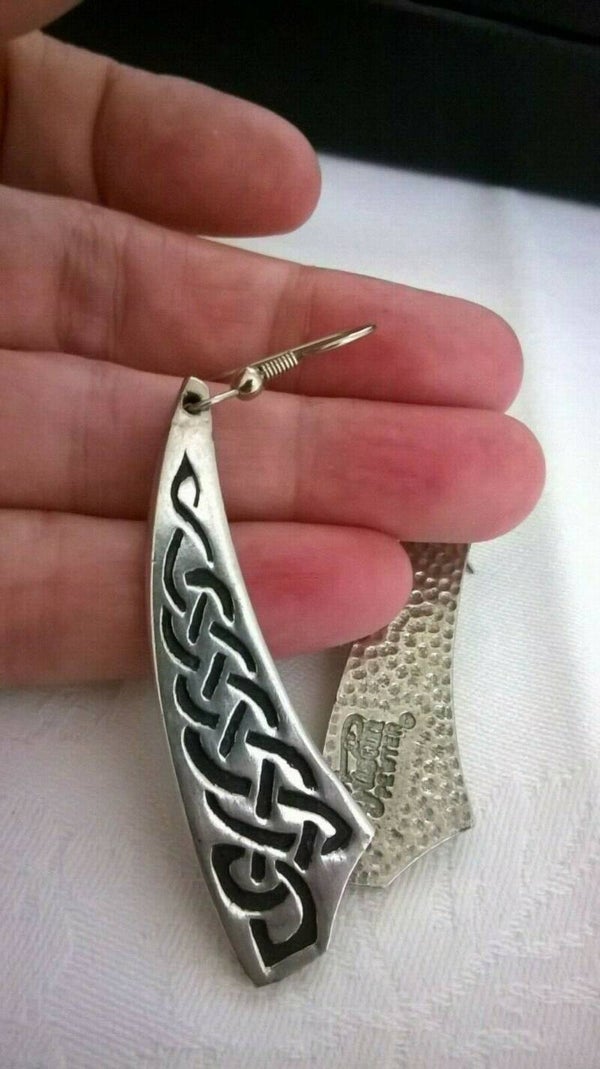 Celtic Drop Earring Design, Vintage Pewter Earrings Signed by St. Justin of Cornwall.