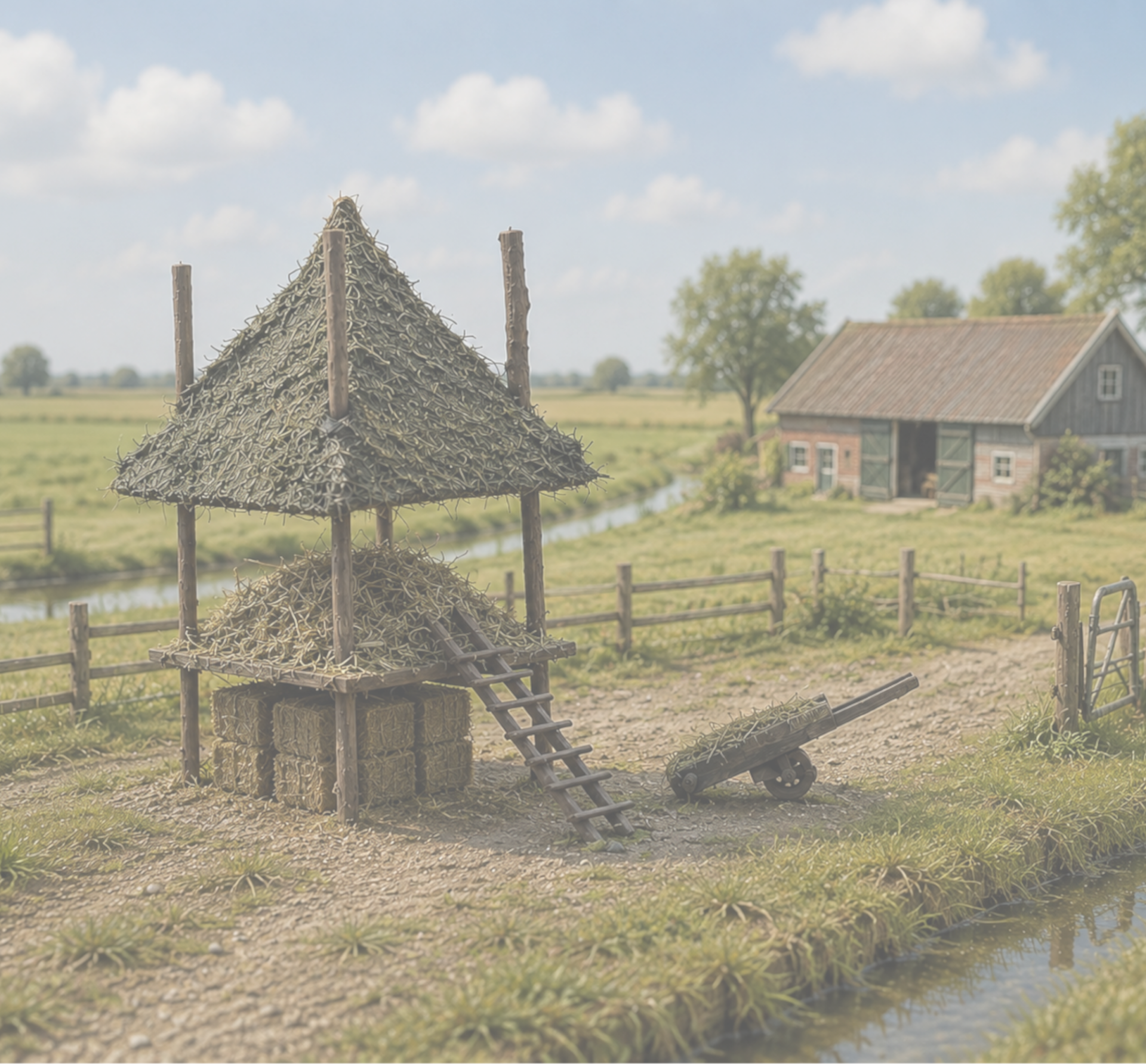 Hooiberg met trap en hooiwagen
