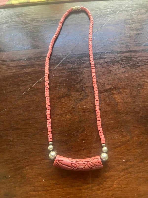 Pink coral and silver beaded necklace