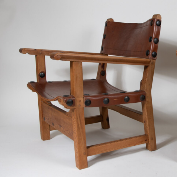 60's Brutalist Armchair in Pine Wood and Saddle Leather (2 available)