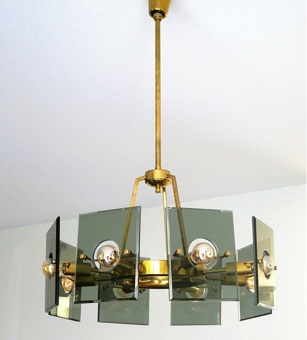 Modernist brass and smoked glass chandelier by Gino Paroldo for Dino Dei. Italy 1960s