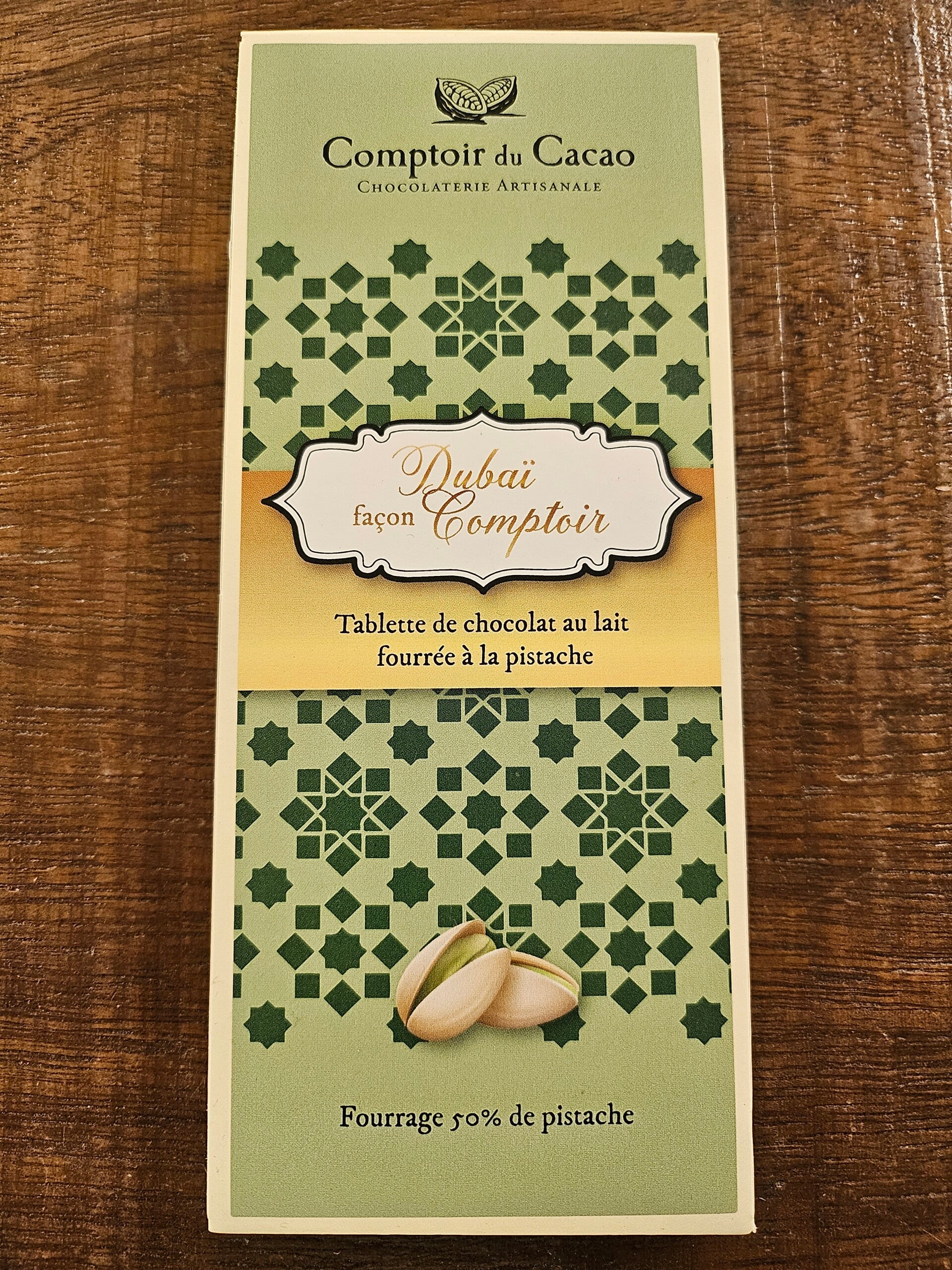 Tablette chocolat lait façon Dubaï pistache, COMPTOIR DU CACAO, 100g