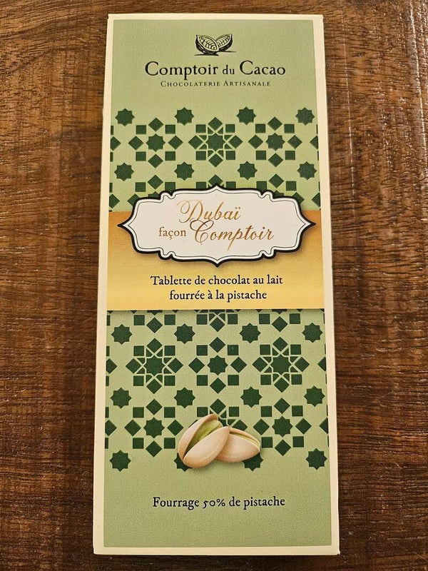 Tablette chocolat lait façon Dubaï pistache, COMPTOIR DU CACAO, 100g
