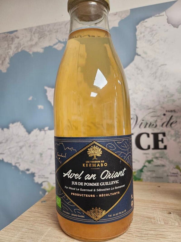 Pur jus de Pomme GUILLEVIC BIO (très  aromatique), LES VERGERS DE KERMABO, 1 litre