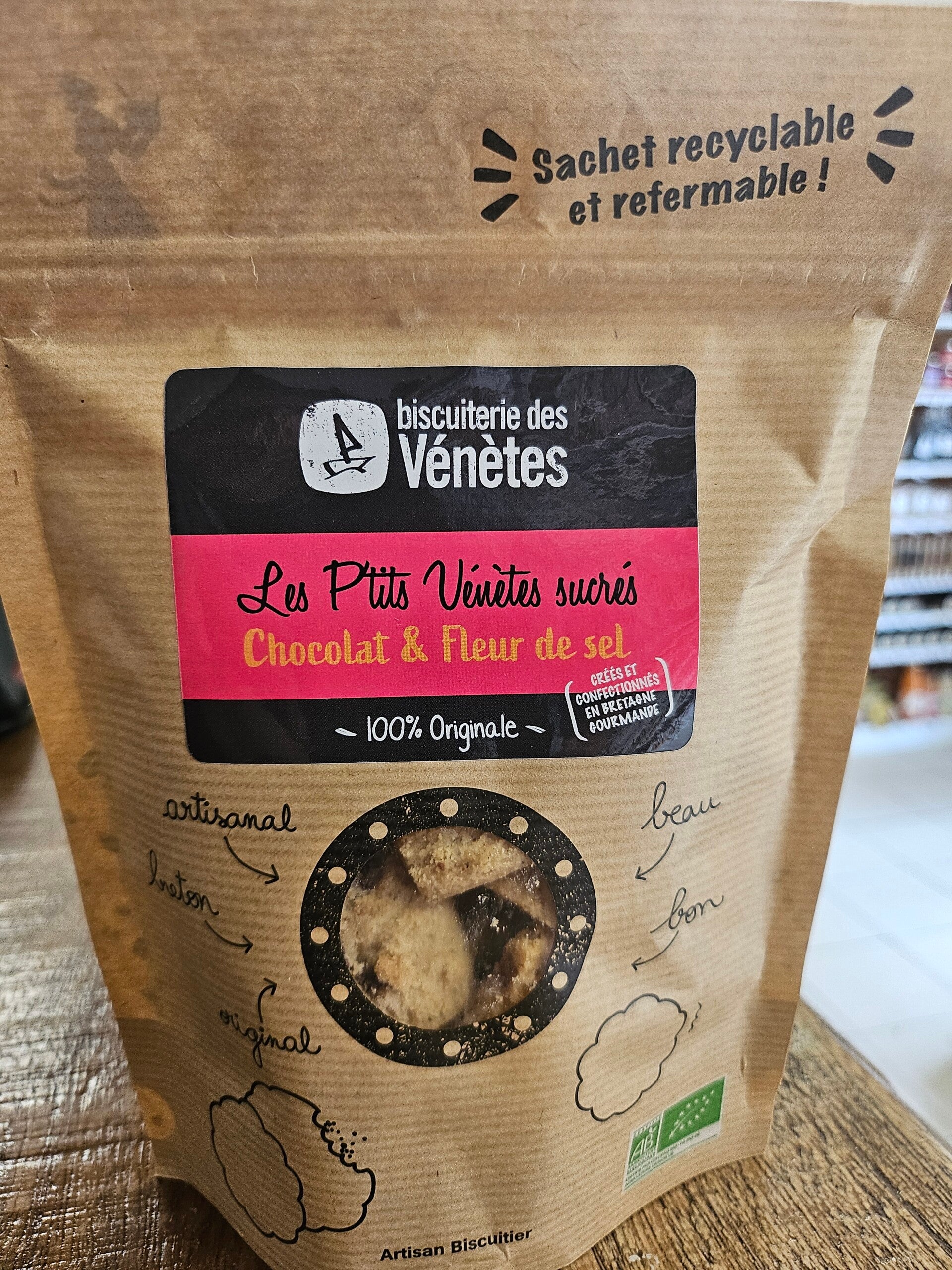 Les P'tits Vénètes sucrés Chocolat et fleur de sel BIO, biscuiterie des vénètes, 125g