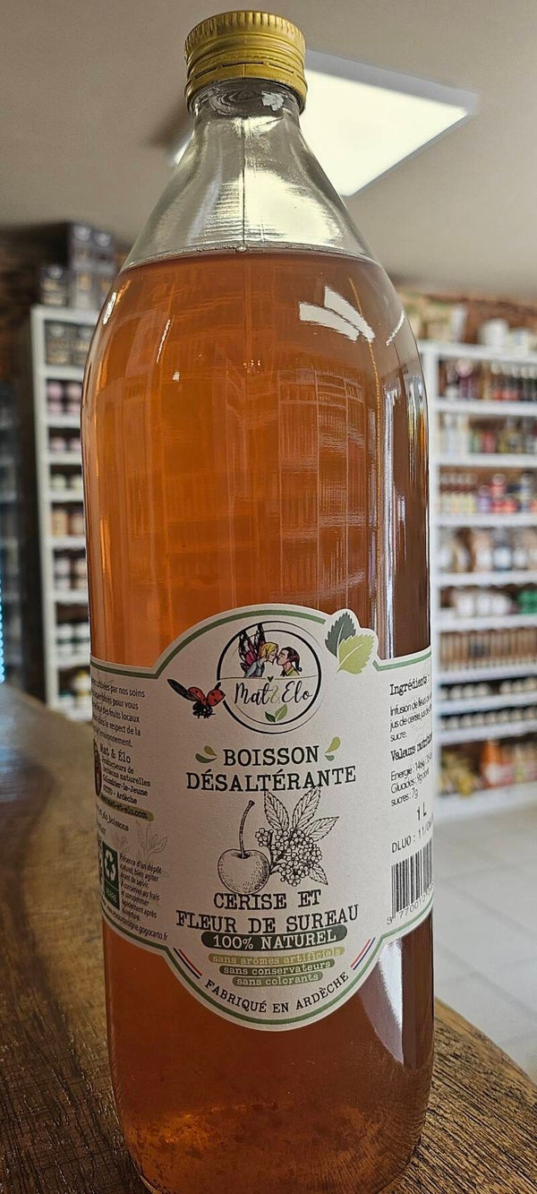 Boisson aux infusions de plantes Françaises, Cerise et Fleur de Sureau, 100% naturel, MAT ET ÉLO, fabriqué en Ardèche, sans conservateurs, sans colorants et sans arômes artificiels, 1 litre
