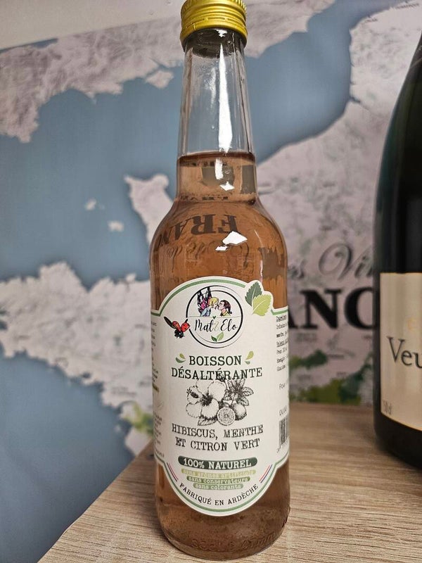 Boisson désaltérante, Hibiscus, menthe et citron vert, MAT ET ÉLO, 100% naturel, fabriqué en Ardèche, 33 cl