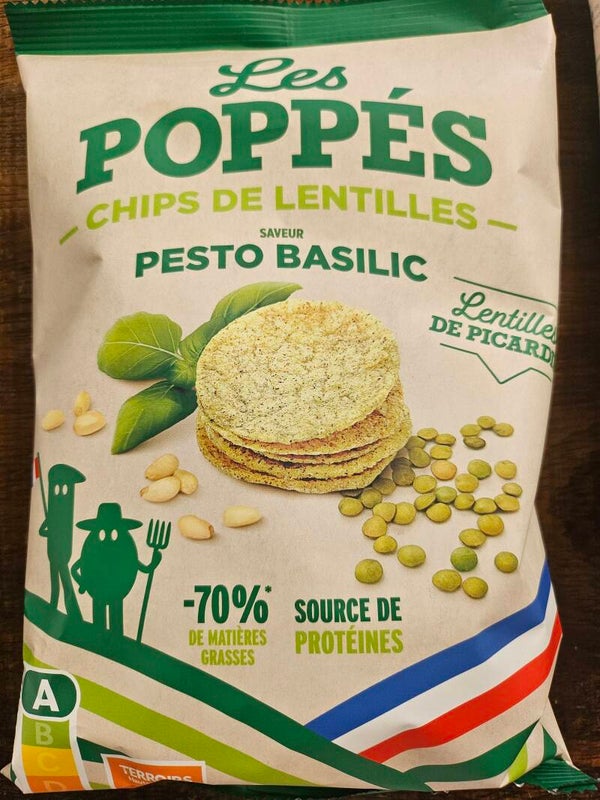Chips de lentilles, LES POPPÉES, saveur Pesto Basilic, Lentilles de Picardie, nutri score A, 65gr