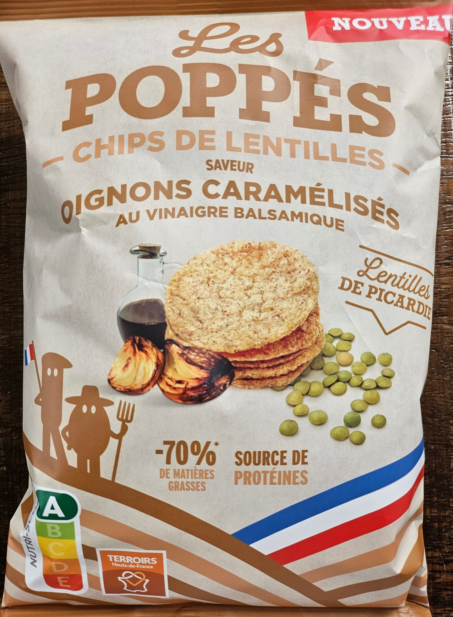 Chips de Lentilles, LES POPPÉS, saveur oignons caramélisés au vinaigre balsamique, Lentilles de Picardie, nutriscore A, 65g