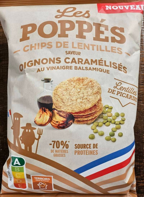 Chips de Lentilles, LES POPPÉS, saveur oignons caramélisés au vinaigre balsamique, Lentilles de Picardie, nutriscore A, 65g