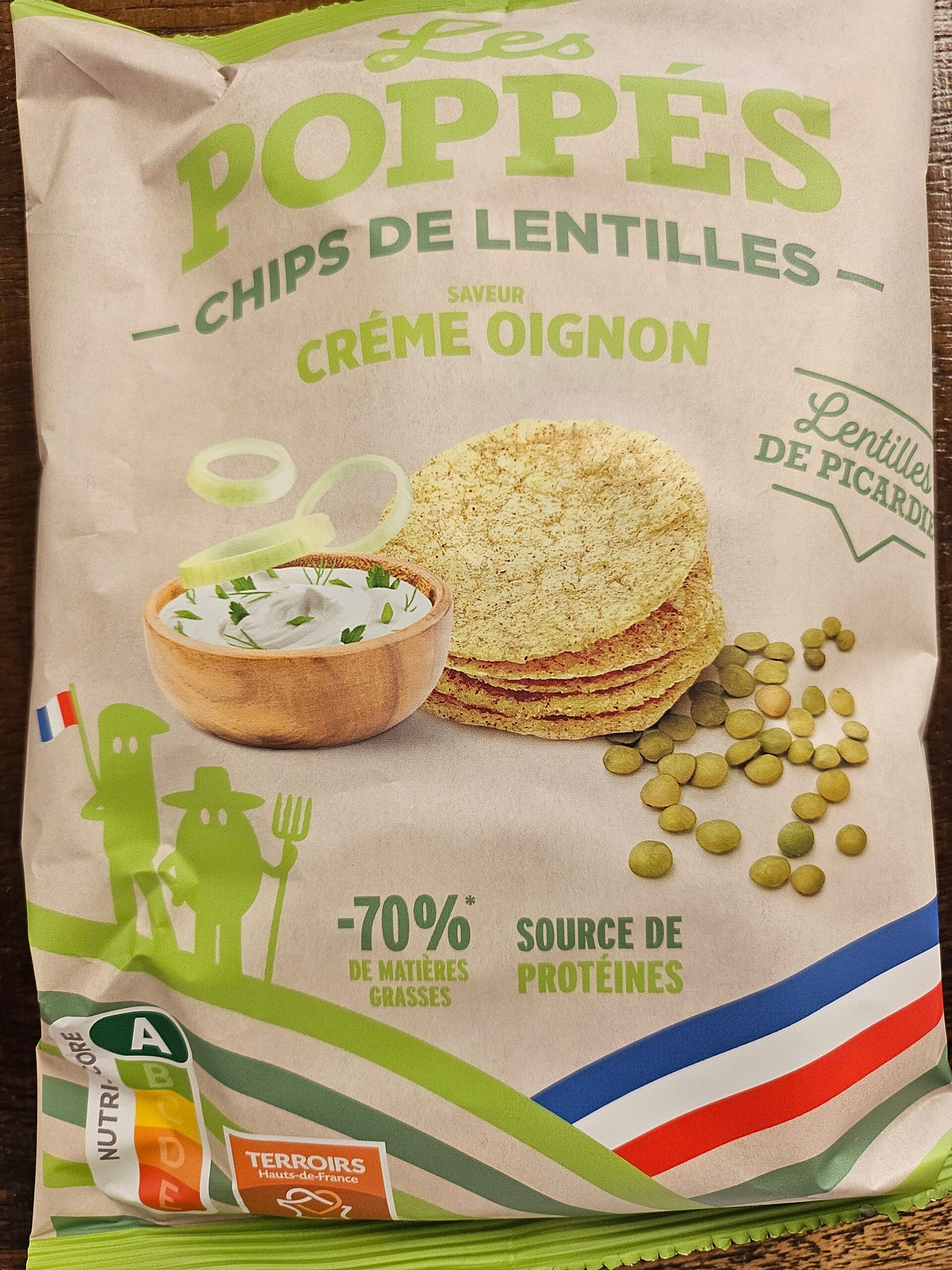 Chips de lentilles, LES POPPÉES, saveur crème oignons, Lentilles de Picardie, nutri score A, 65gr