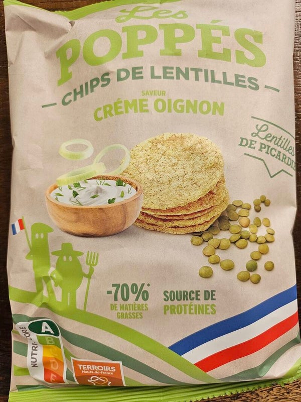 Chips de lentilles, LES POPPÉES, saveur crème oignons, Lentilles de Picardie, nutri score A, 65gr