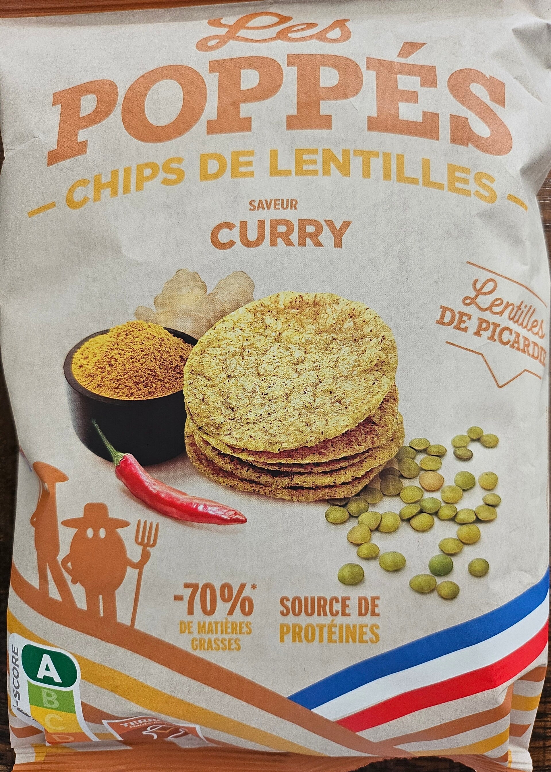 Chips de lentilles, LES POPPÉES, saveur Curry, Lentilles de Picardie, nutri score A, 65gr