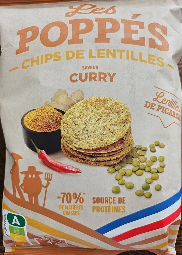 Chips de lentilles, LES POPPÉES, saveur Curry, Lentilles de Picardie, nutri score A, 65gr