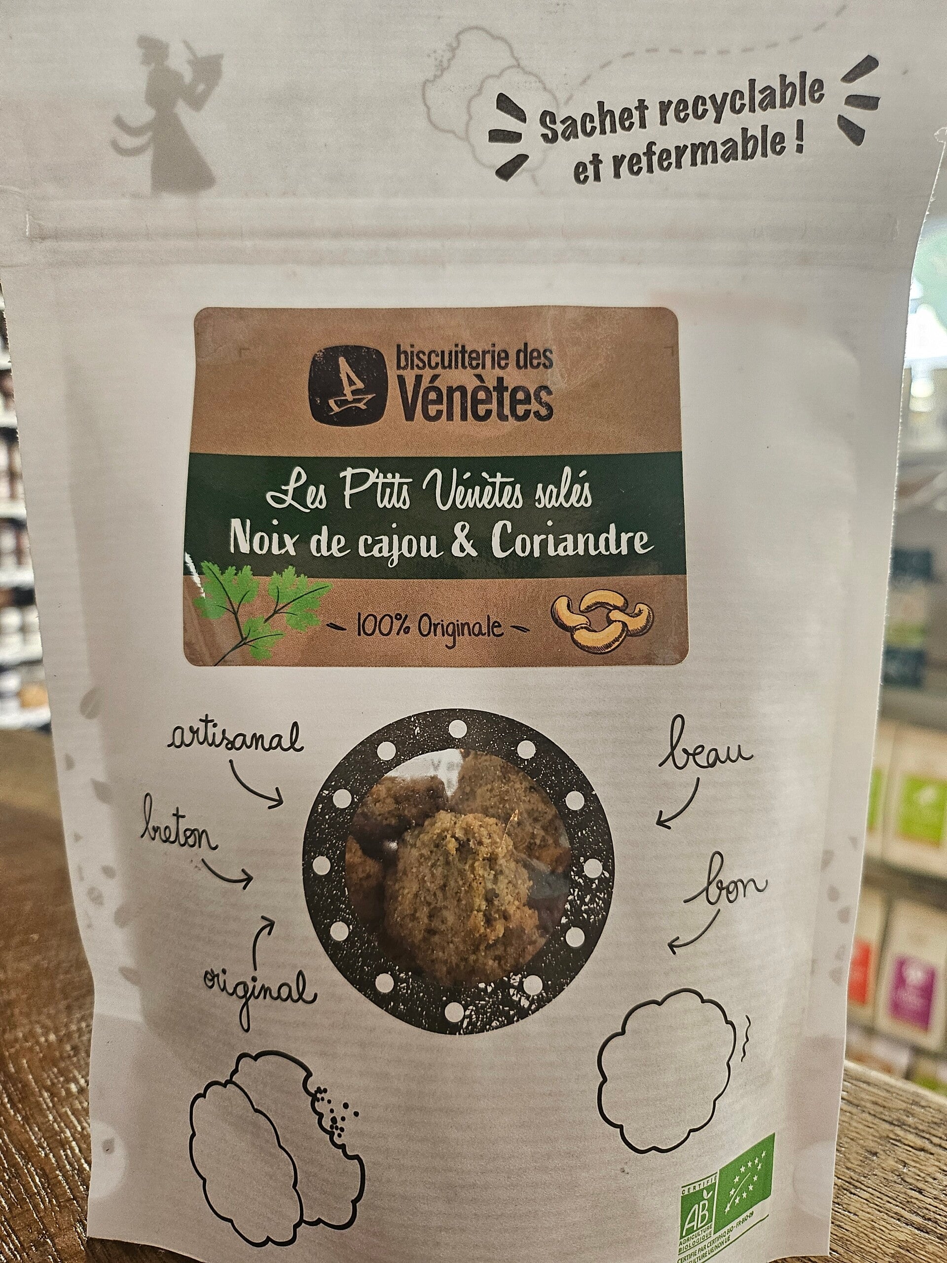 Les P'tits Vénètes salés, Noix de cajou et Coriandre, BISCUITERIE DES VÉNÈTES, BIO et Breton, 125g