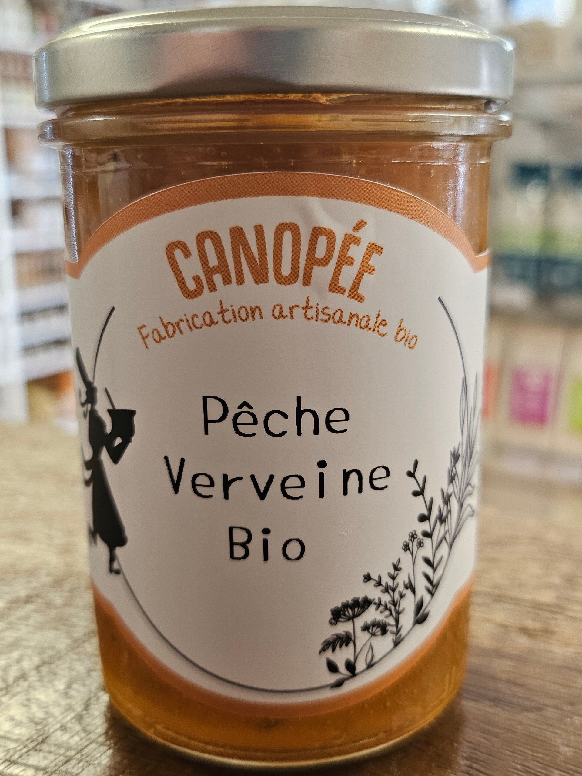 Confiture Pêche Verveine Bio, CANOPÉE fabrication artisanale, bio et Bretonne, 250g