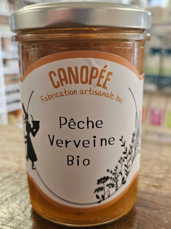 Confiture Pêche Verveine Bio, CANOPÉE fabrication artisanale, bio et Bretonne, 250g