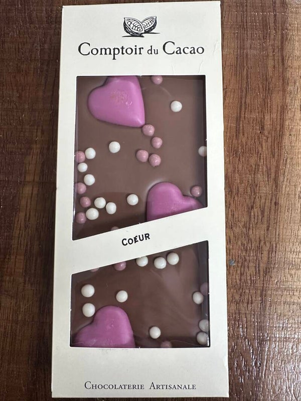 Tablette chocolat lait cœur rose, COMPTOIR DU CACAO, 90g