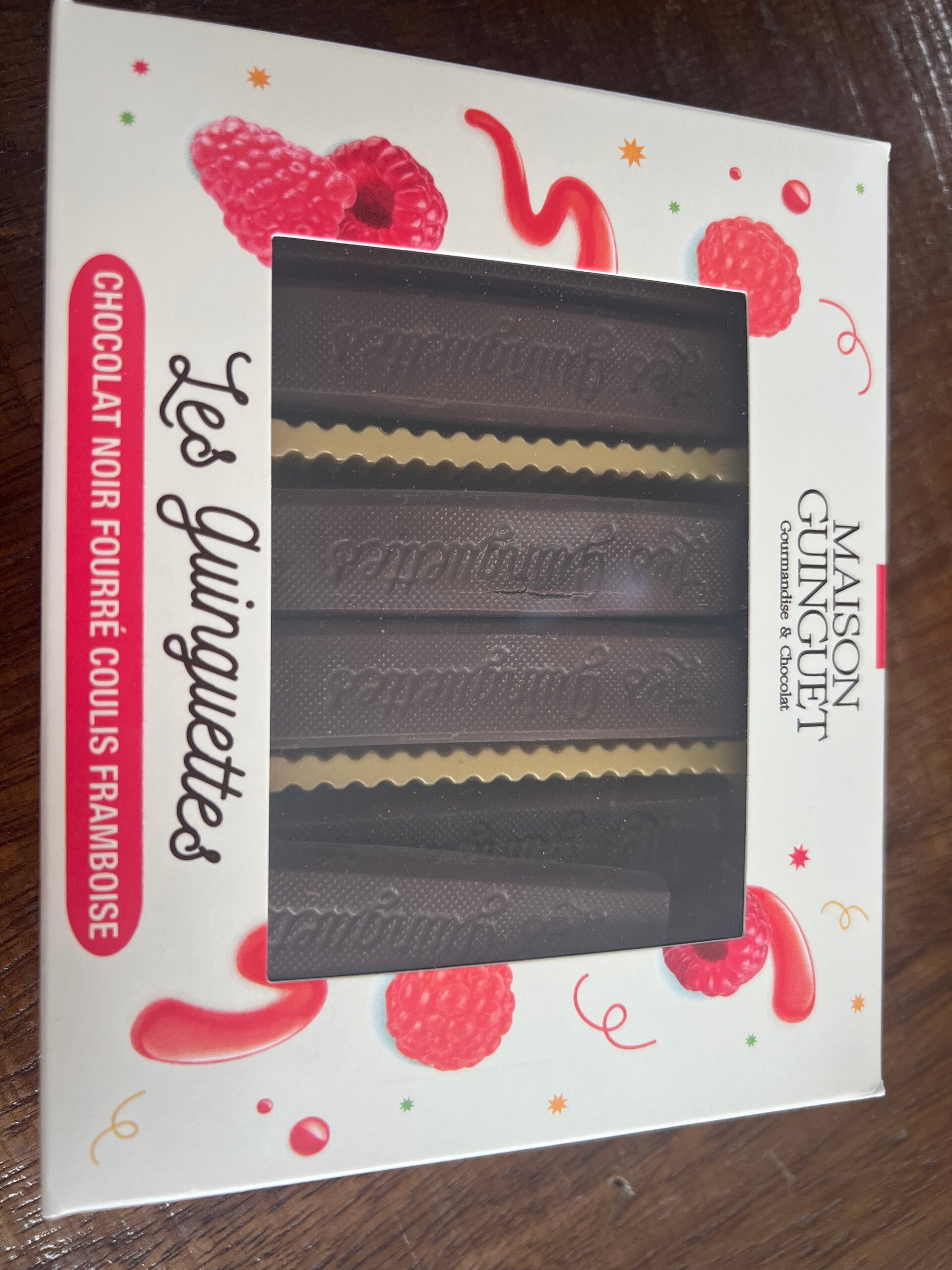LES GUINGUETTES, chocolat noir fourré coulis framboise