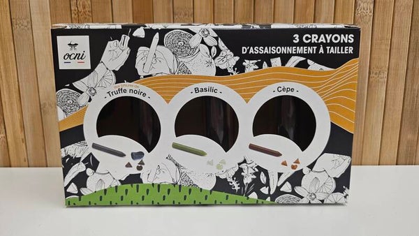 COFFRET 3 CRAYONS ASSAISONNEMENT Truffe noire, Basilic, Cèpes, DLC COURTE FIN Juillet
