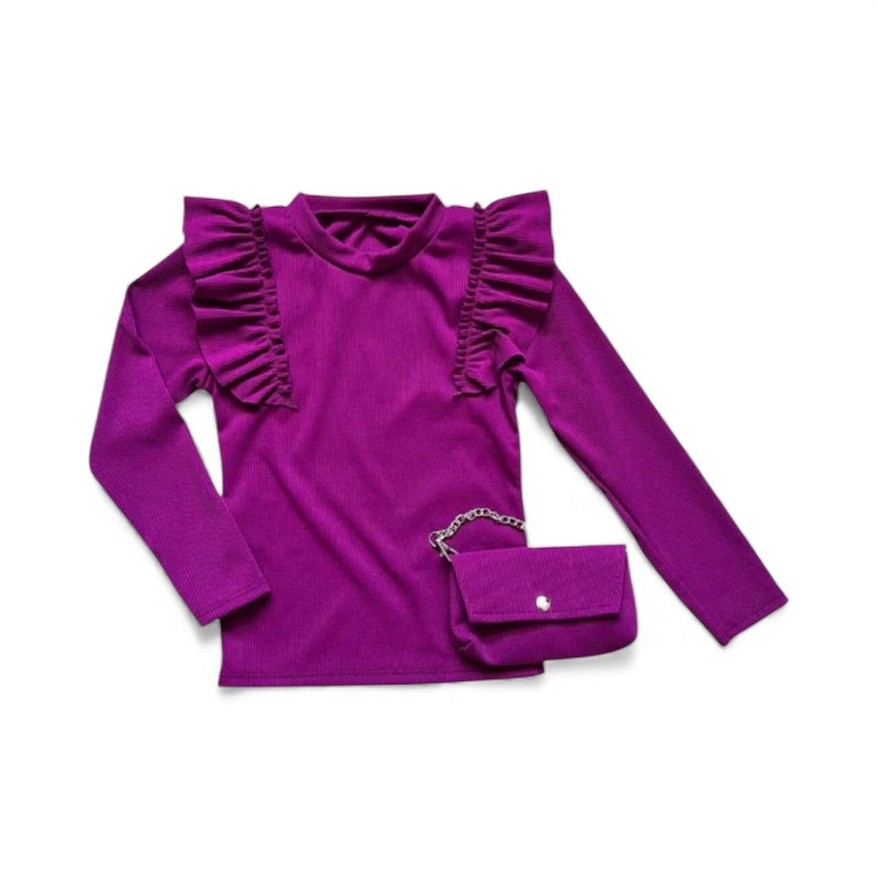 Trendy paars top met ruches & schoudertasje