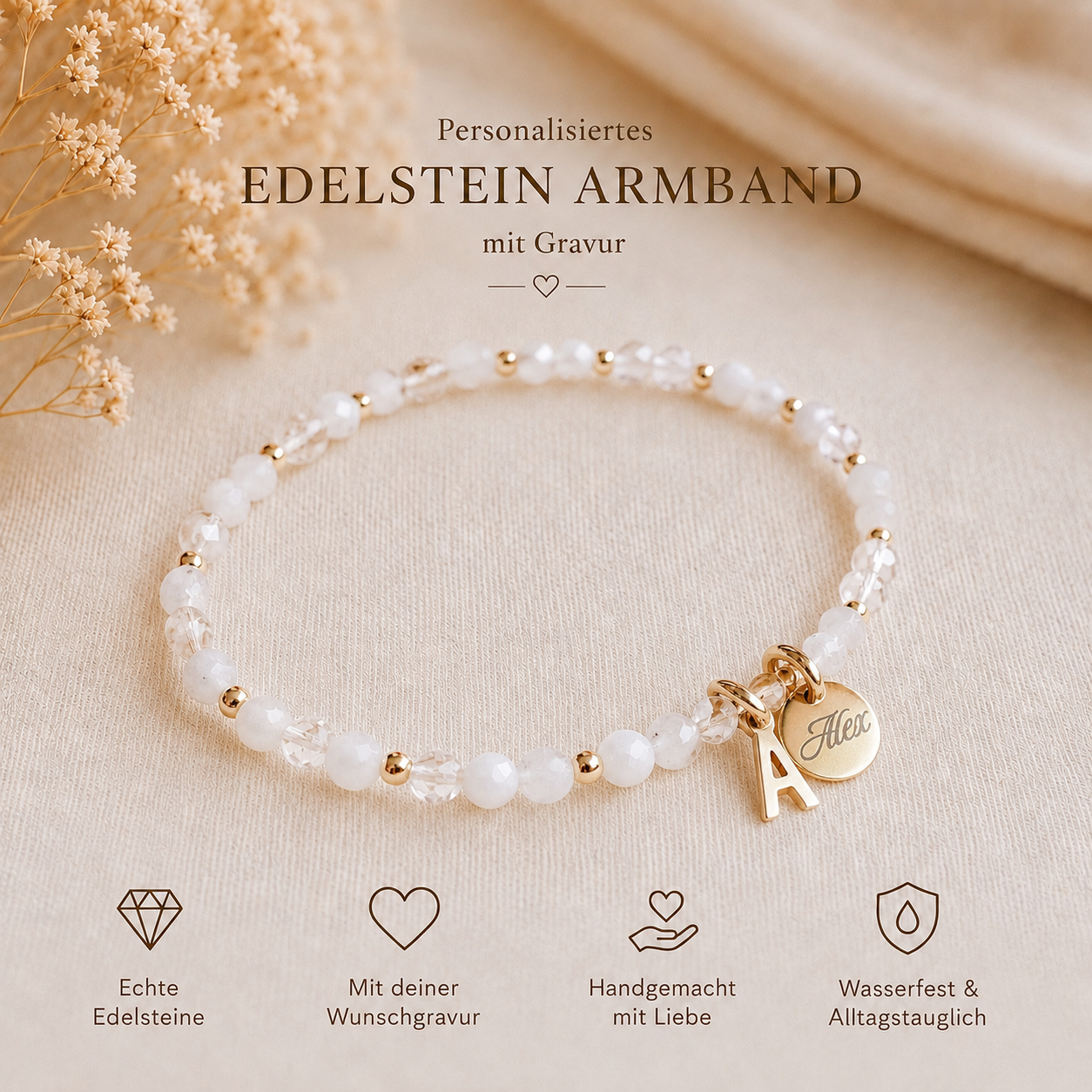 Personalisiertes Edelstein Armband mit Gravur | Initialen | Geschenk für Mama, Freundin, Schwester | 18K Gold | 925 Silber | Rosegold