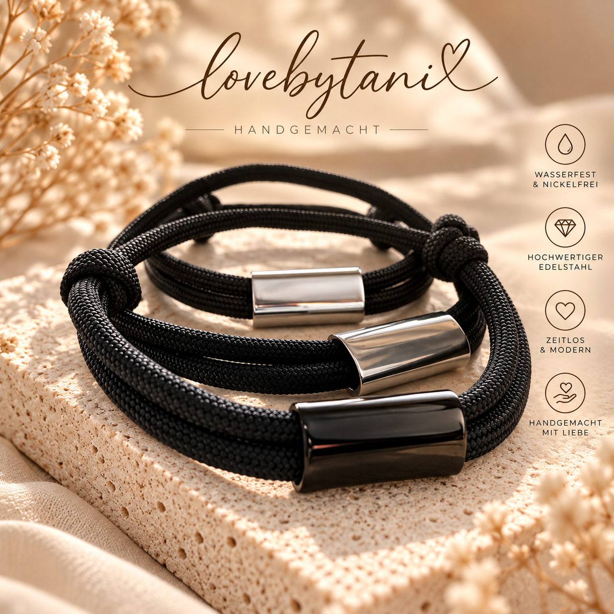 Segeltau Armband mit Schieber und Gravurn - neutrale Farben - Men‘s Edition - glänzend oder gebürsteter Edelstahl