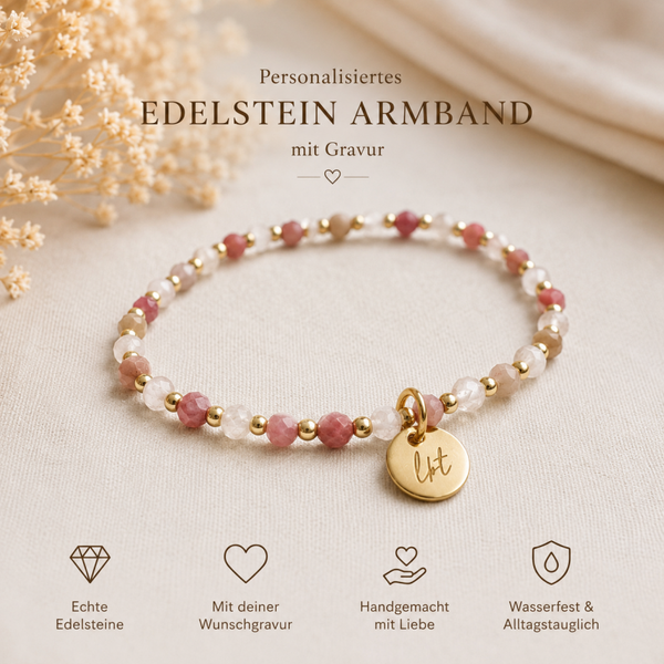 Personalisiertes Edelstein Armband mit Gravur | Initialen | Geschenk für Mama, Freundin, Schwester | 18K Gold | 925 Silber | Rosegold