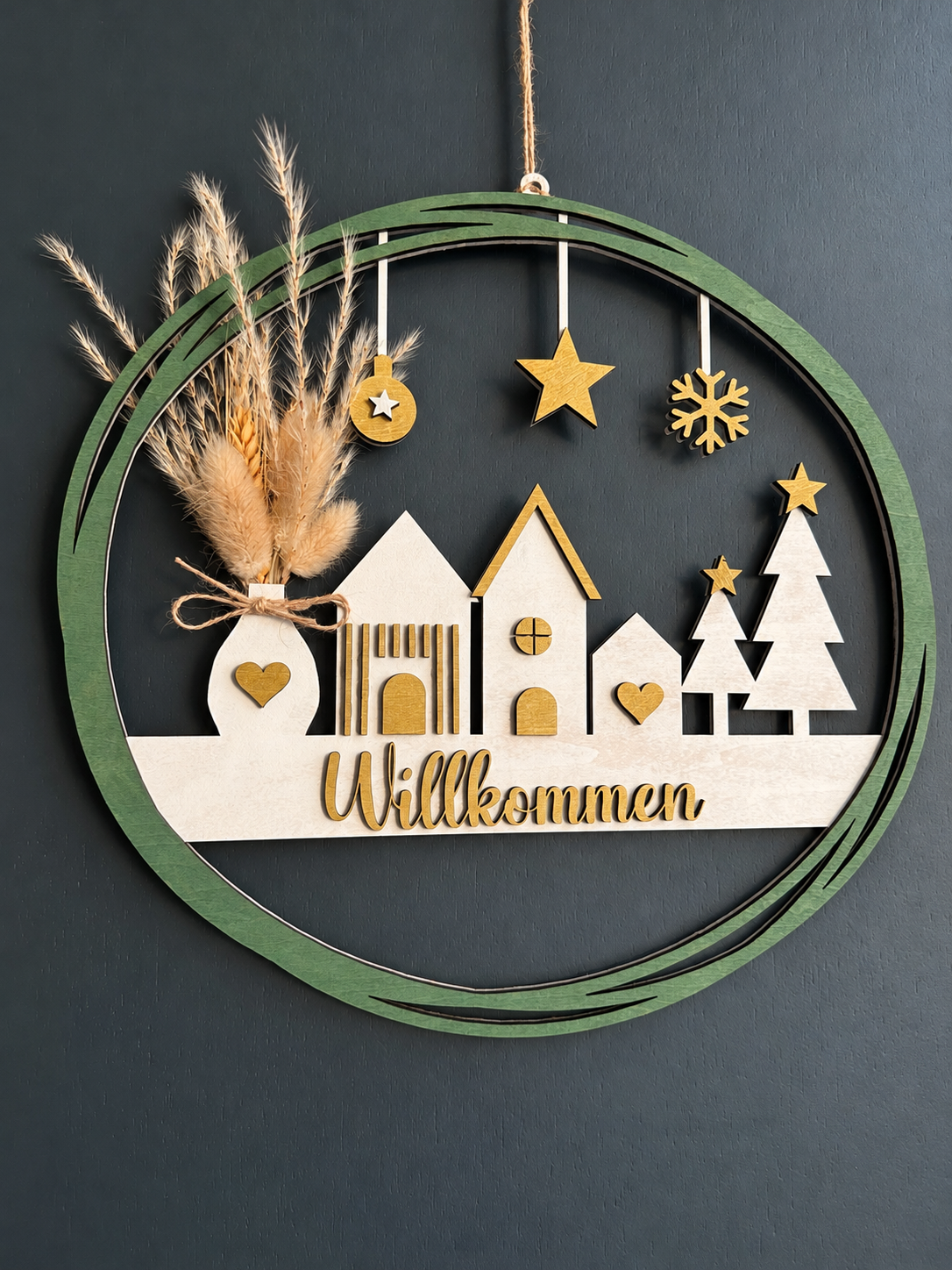 Winterliches Türschild „dein Text“ aus Holz inkl. Kerzenschmuck