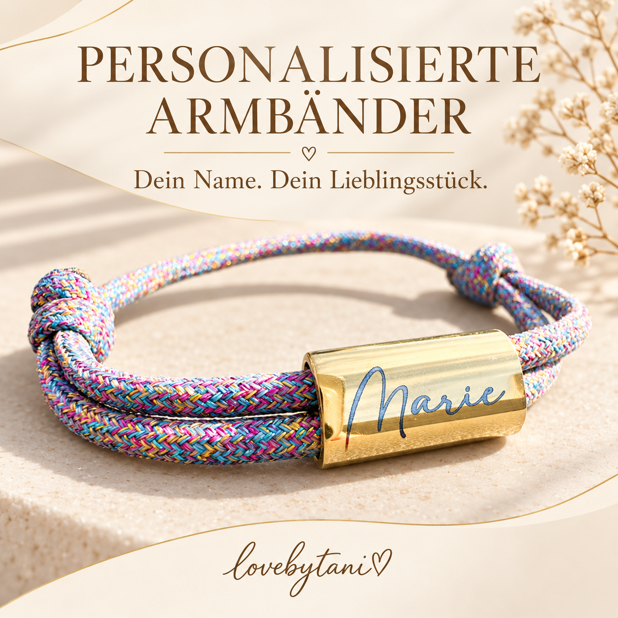 Segeltau Armband mit Schieber und Gravur - Glitzerband - glänzend oder gebürsteter Edelstahl