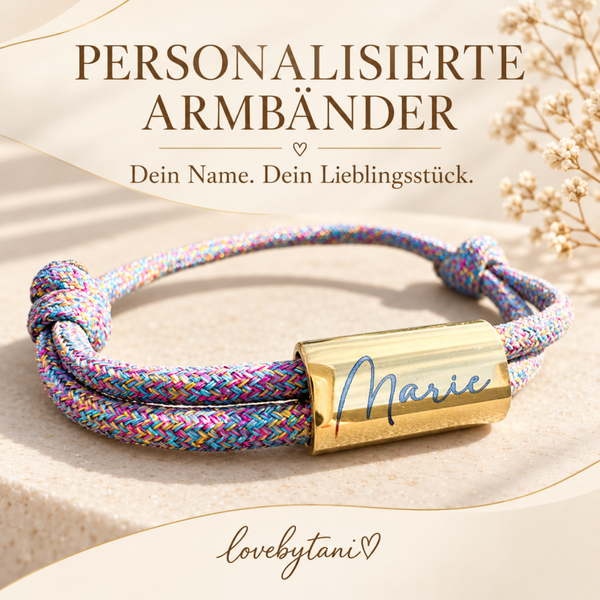 Segeltau Armband mit Schieber und Gravur - Glitzerband - glänzend oder gebürsteter Edelstahl
