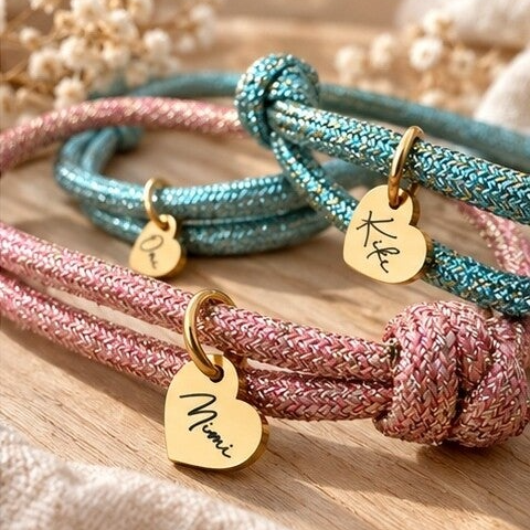 Segeltau-Armband mit Herz oder Plättchen - Glitzerband