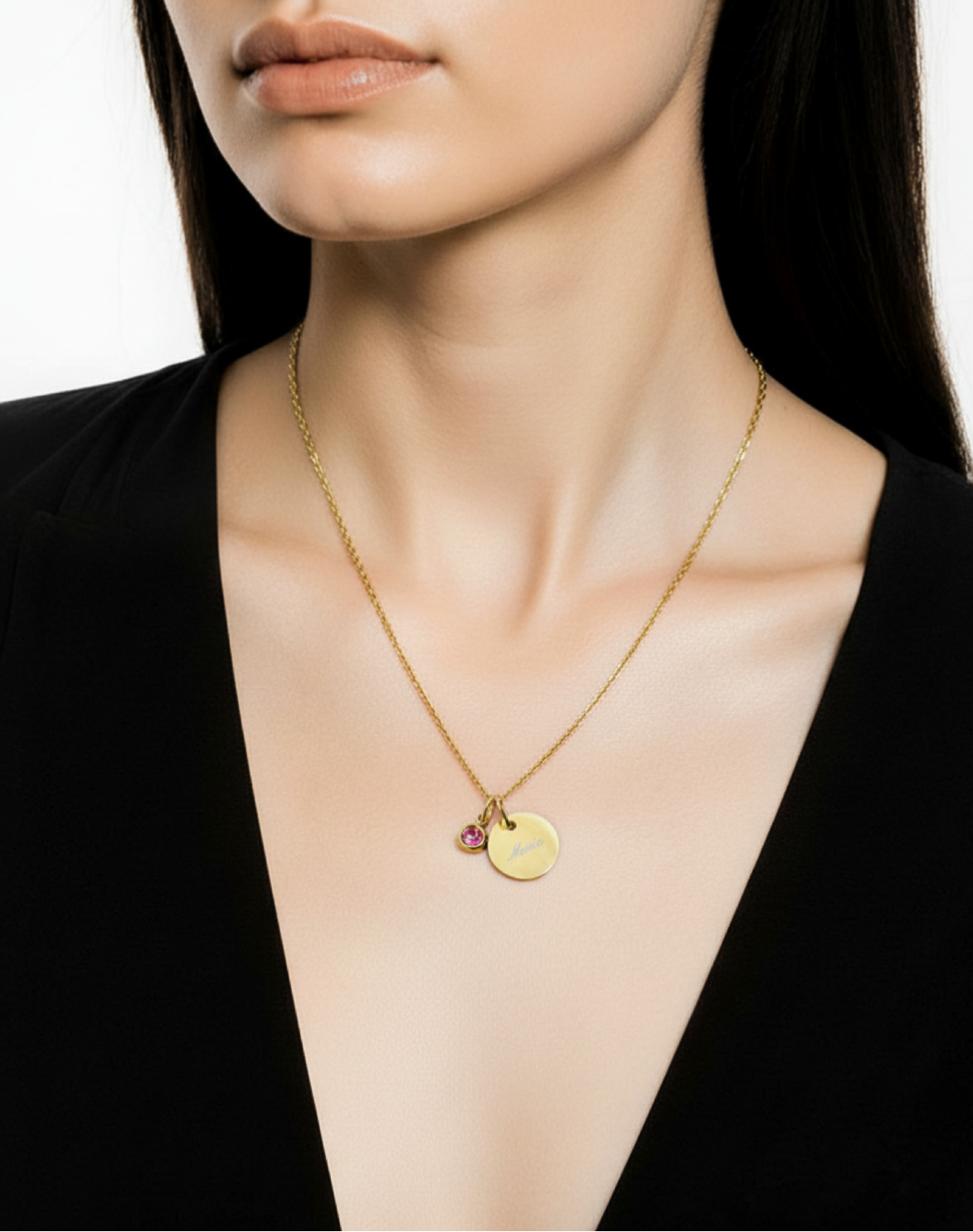 Personalisierte Halskette Gold | Silber mit Gravuranhänger mit Geburtsstein Kristall - Edelstahl