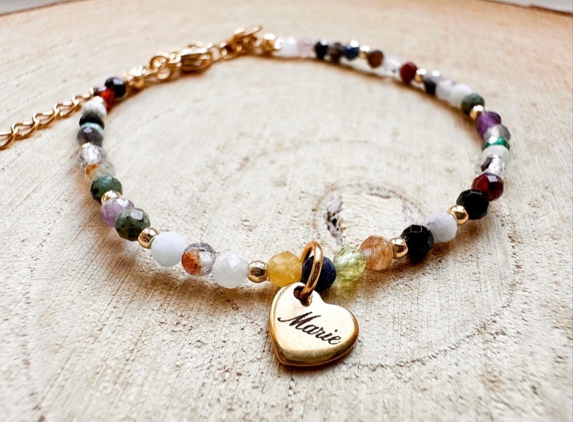Graviertes Edelsteinarmband bunt - Edelsteinmix mit 18K Gold, 925 Silber oder Roségold gefüllten Perlen - Initialen