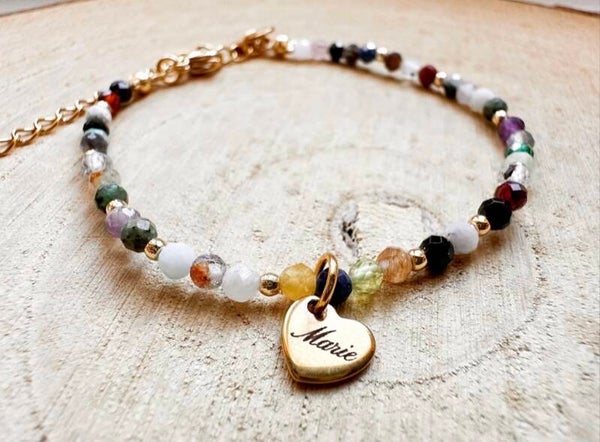 Graviertes Edelsteinarmband bunt - Edelsteinmix mit 18K Gold, 925 Silber oder Roségold gefüllten Perlen - Initialen