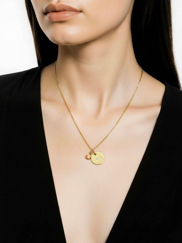 Personalisierte Halskette Gold mit Gravuranhänger mit Geburtsstein Opal - Edelstahl