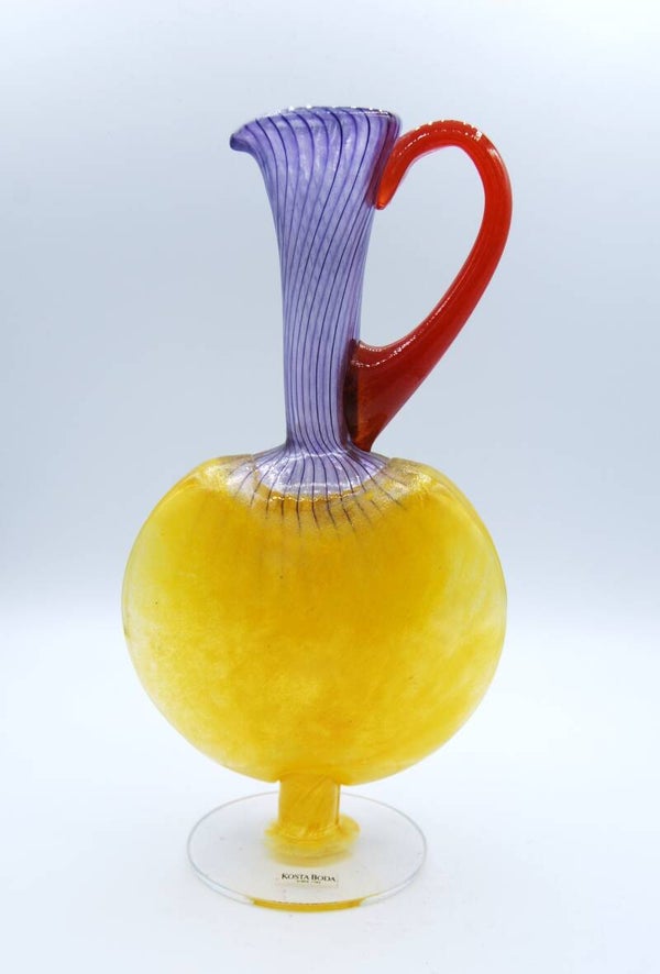 KOSTA BODA, KJELL ENGMAN. DECANTER "BON BON". IN YELLOW, PURPLE AND RED.