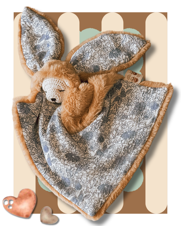 Simone P'tite Noursonne Flowers Blue/Peluche Camel avec Noeud Attache Tétine