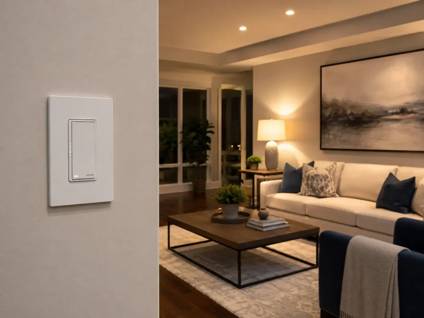 Leviton smart switch installed in a modern living room with warm lighting