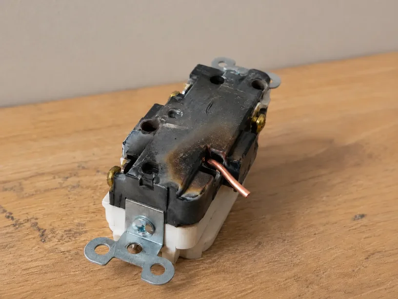 Heat damaged discolored outlet showing a loose backstab connection problem