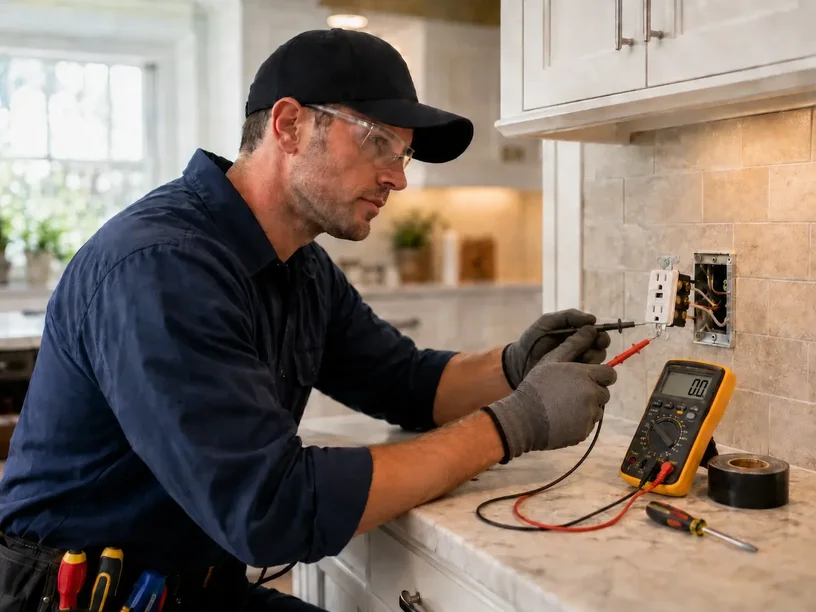 Electrician diagnosing an electrical outlet issue during breaker troubleshooting in a home