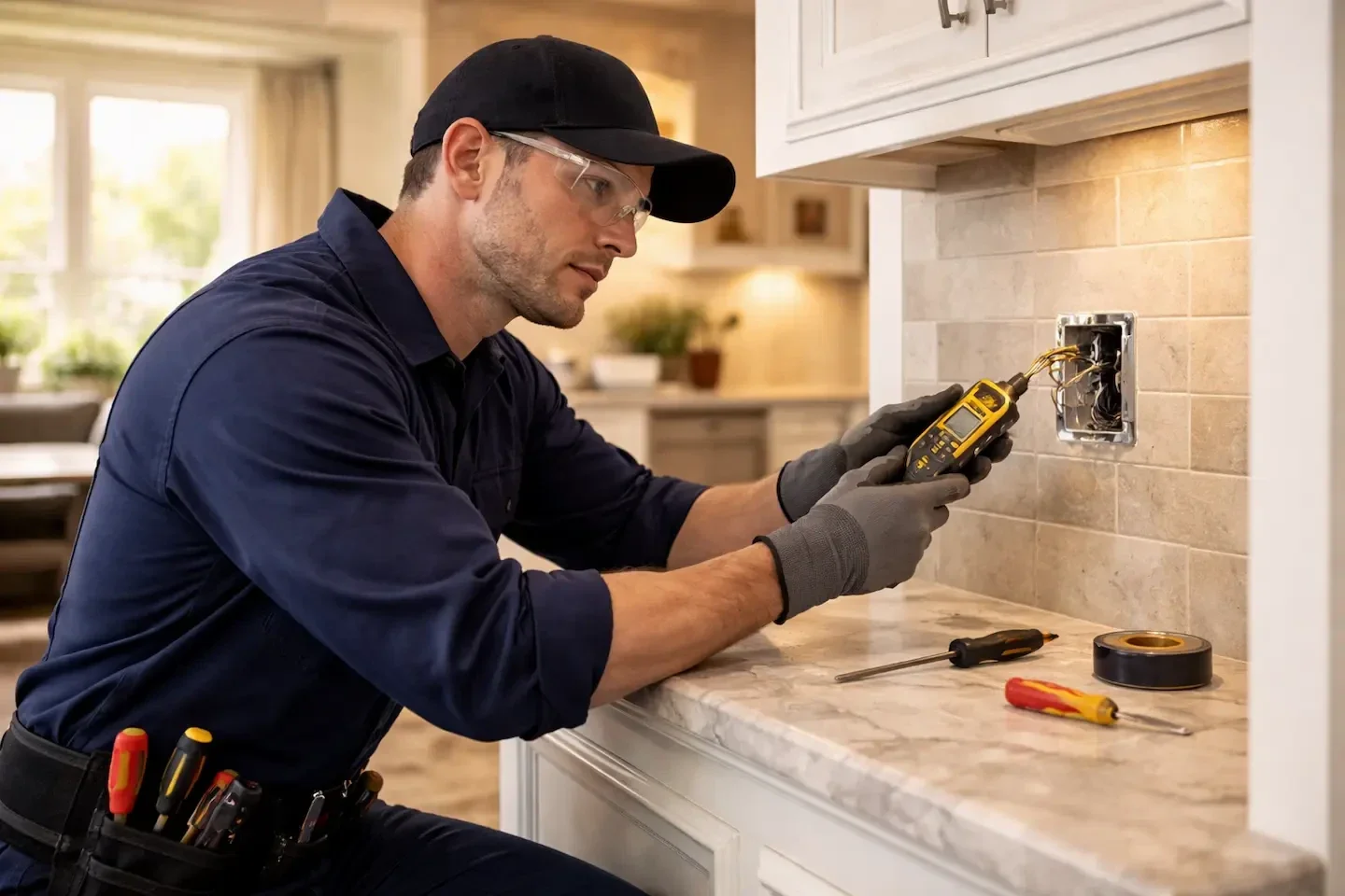 Kais Pro Repairs electrician diagnosing an electrical outlet issue in Loganville GA