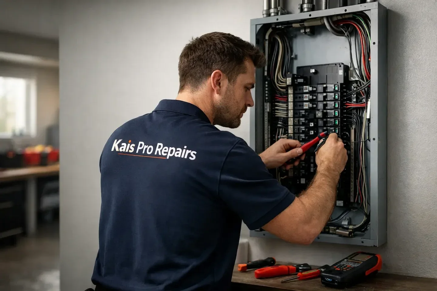 Electrician inspecting and upgrading a residential electrical panel for breaker troubleshooting