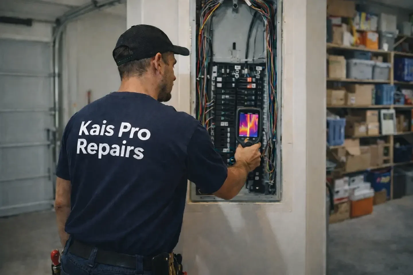 Kais Pro Repairs electrician using a thermal imaging camera on an electrical panel in a residential garage