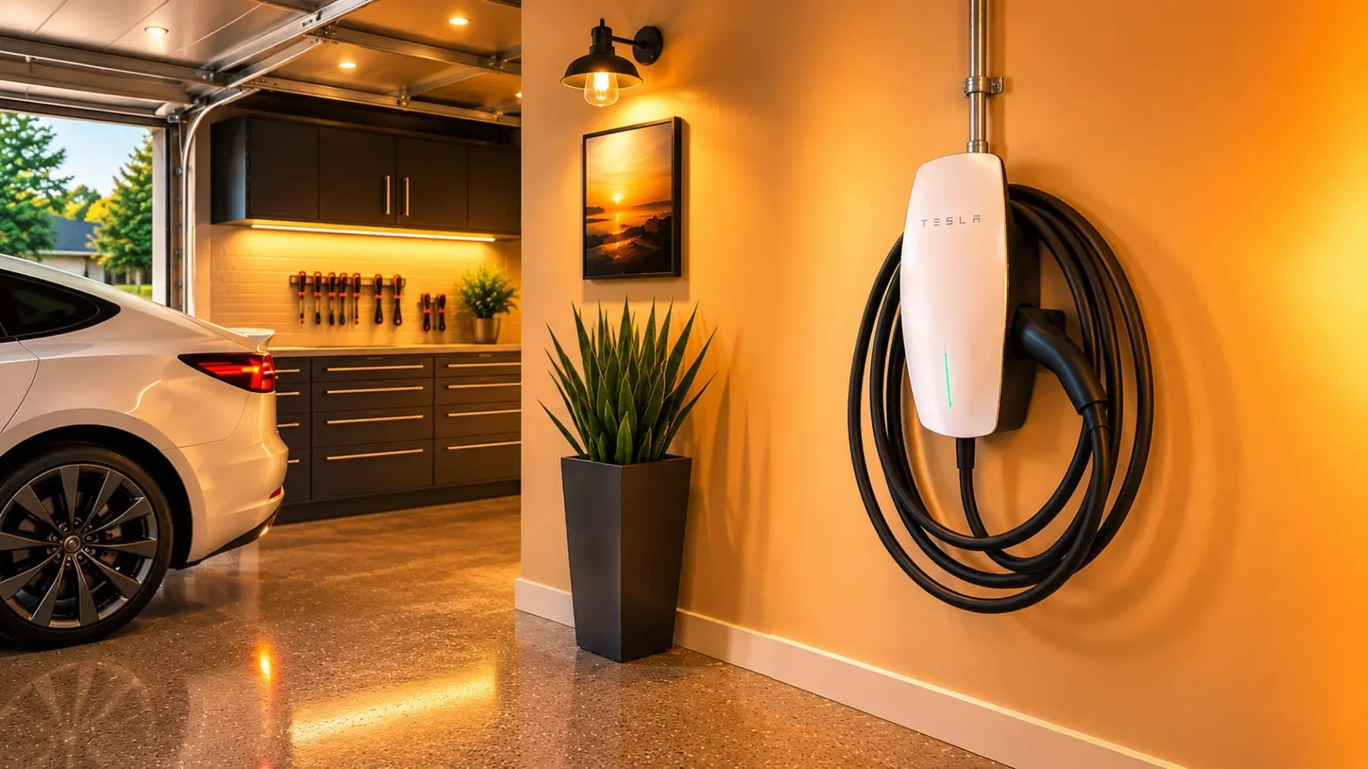 Electric vehicle parked beside a wall-mounted Tesla home charger in a finished garage