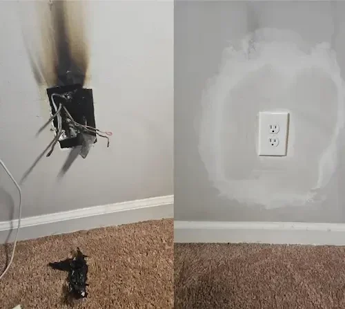 Before and after: burned electrical outlet repaired and replaced safely