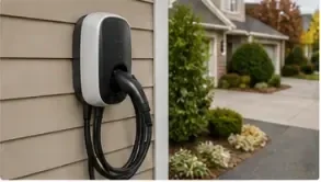 Outdoor EV charger installed on home exterior wall near driveway with weather rated setup
